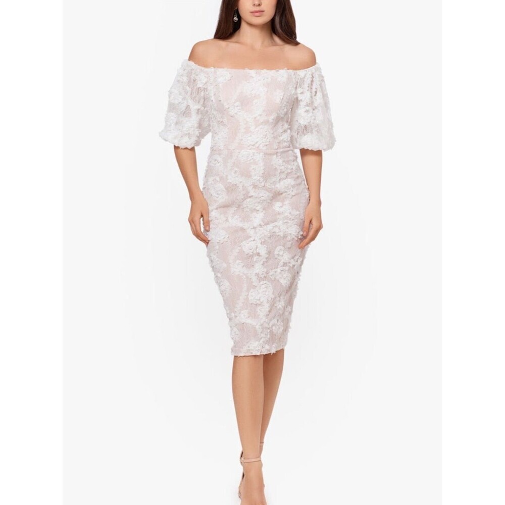 NWT Xscape Off-Shoulder Lace Sheath Midi Dress | Size 6 | White